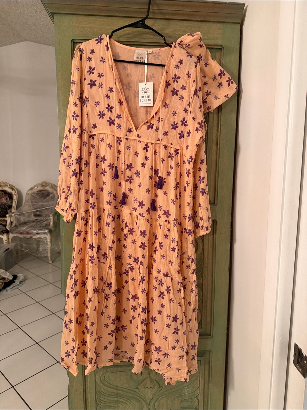 Boheme Peach Dress with Purple Floral Print Midi